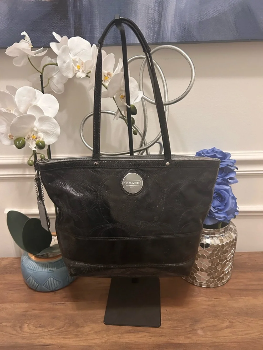 Coach Black Leather Logo Tote with Hangtag - Picture 3 of 13